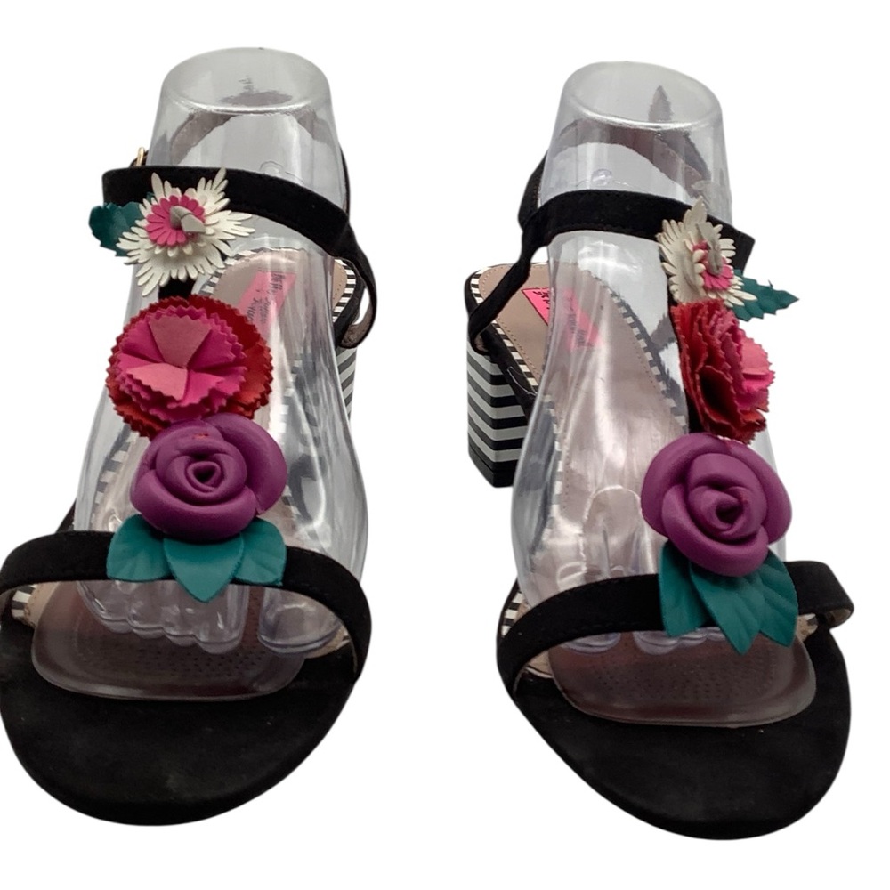 Betsey Johnson Black Floral Embellished Block Heel Sandals